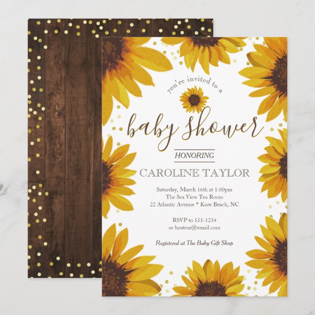 Invitación Baby Shower de girasol ruso en madera (Anverso / Reverso)