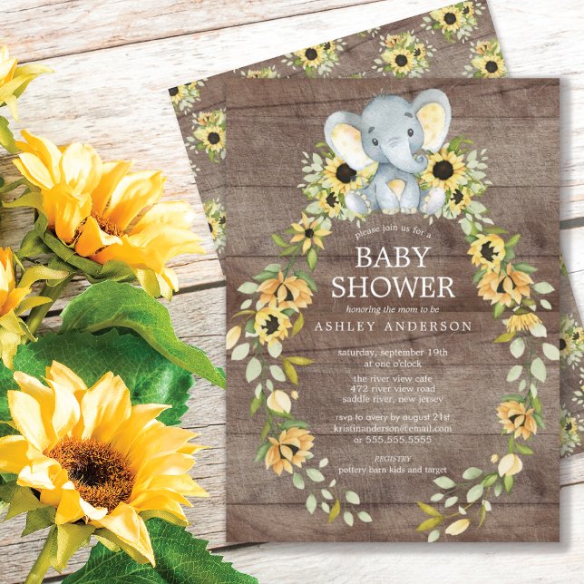 Invitación Baby Shower de girasol ruso y elefante bebé (Subido por el creador)