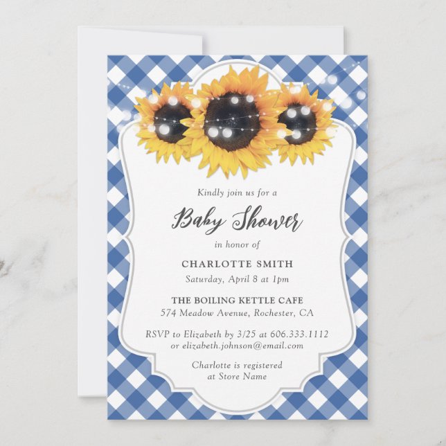 Invitación Baby Shower de girasol Rustic Blue Gingham (Anverso)