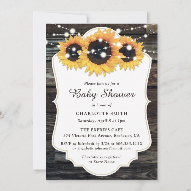 Invitación Baby Shower de girasol Rustic Wood (Anverso)