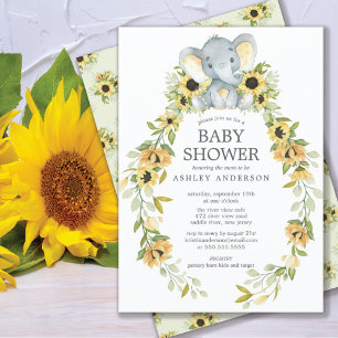 Invitación Baby Shower de girasol y bebé elefante