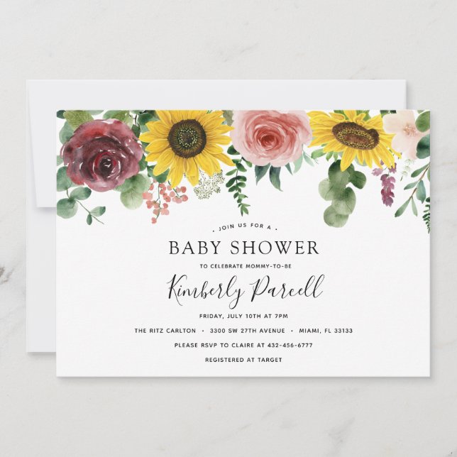Invitación Baby Shower de girasoles y Rosas (Anverso)