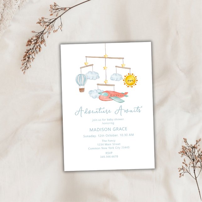 Invitación Baby Shower de globo aerostático Adventure Airplan (Adventure Airplane Hot Air Balloon Baby Shower Invitation)