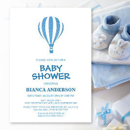 Invitación Baby Shower de globo aerostático azul simple