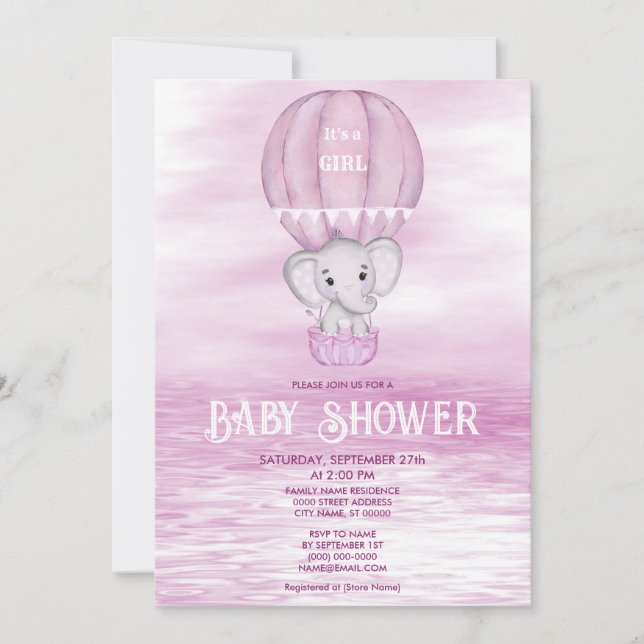 Invitación Baby Shower de globo aerostático de Elefante Rosa (Anverso)