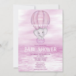 Invitación Baby Shower de globo aerostático de Elefante Rosa