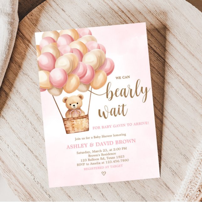 Invitación Baby Shower de globo aerostático de oso rosa (Girl Bear Boho Baby Shower Invitation)