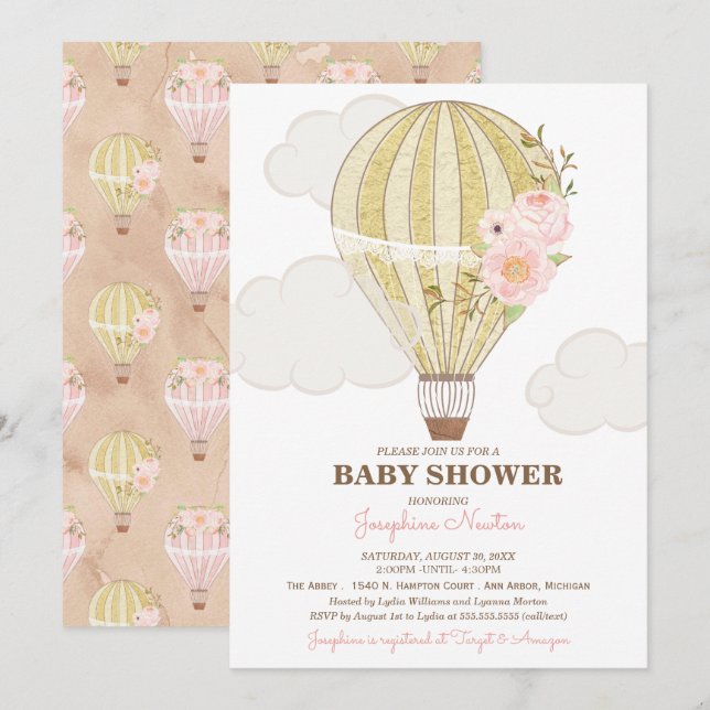 Invitación Baby Shower de globo aerostático dorado y rosa (Anverso / Reverso)