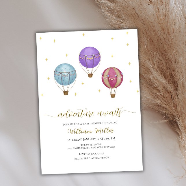 Invitación Baby Shower de globo aerostático elegante Gold Vin (Gold Elegant Vintage Hot Air Balloon Baby Shower Invitation)
