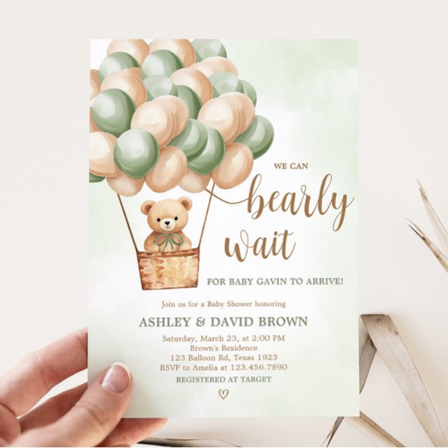 Invitación Baby Shower de globo aerostático Green Bear (Boho Green Bear Baby Shower Invitation)
