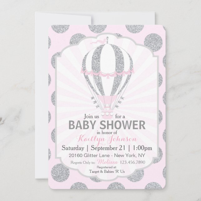 Invitación Baby Shower de globo aerostático rosa (Anverso)