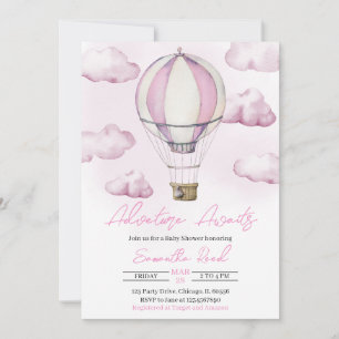 Invitación Baby Shower de globo aerostático rosa