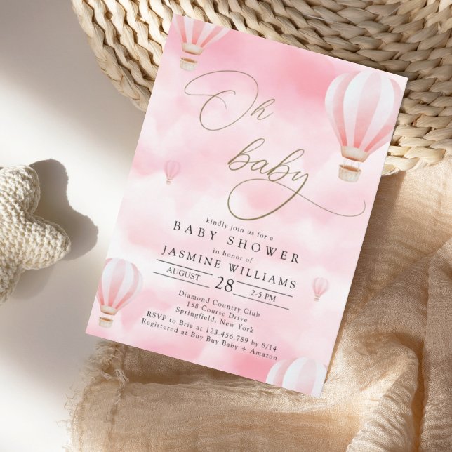 Invitación Baby Shower de globo aerostático rosa (Subido por el creador)