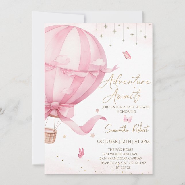 Invitación Baby Shower de globo aerostático rosa (Anverso)