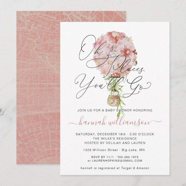 Invitación Baby Shower de globo aerostático rosa floral (Anverso / Reverso)