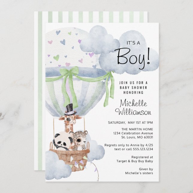 Invitación Baby Shower de globo aerostático Safari (Anverso / Reverso)