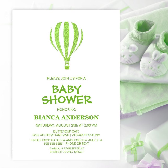 Invitación Baby Shower de globo aerostático verde minimalista (Subido por el creador)
