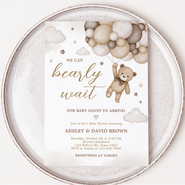 Invitación Baby Shower de globo Bear Brown (Brown Boho Bear Baby Shower Invitation)