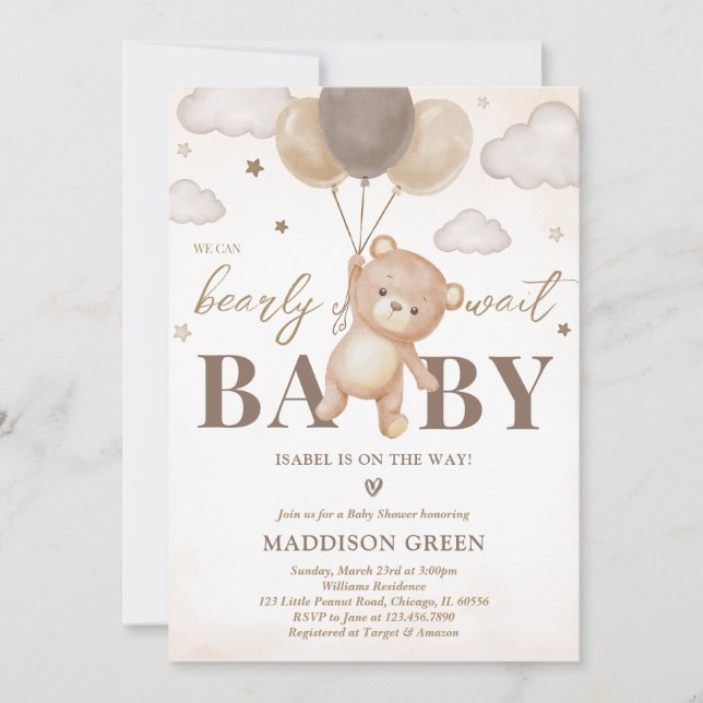 Invitación Baby Shower de globo Bear Brown (Anverso)