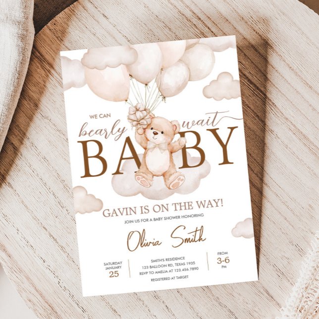 Invitación Baby Shower de globo Bebé Marrón (Brown Bearly Wait Baby Bear Balloon Baby Shower Invitation
)