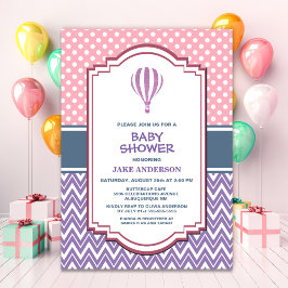 Invitación Baby Shower de globo de aire caliente a rayas mora