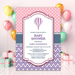 Invitación Baby Shower de globo de aire caliente a rayas mora
