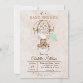 Invitación Baby Shower de globo de aire caliente Beige Bear