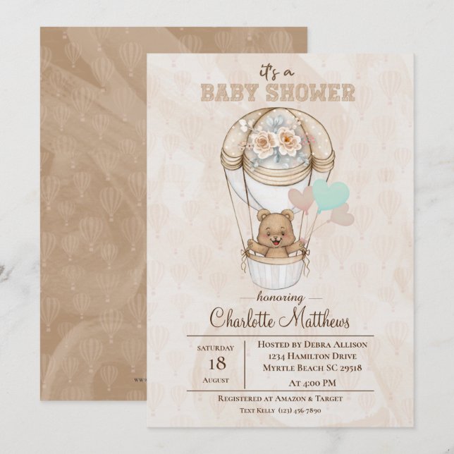 Invitación Baby Shower de globo de aire caliente Beige Bear (Anverso / Reverso)