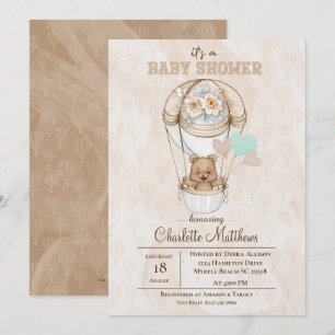 Invitación Baby Shower de globo de aire caliente Beige Bear
