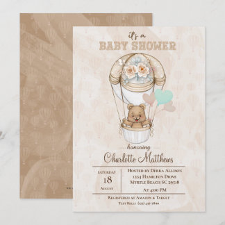 Invitación Baby Shower de globo de aire caliente Beige Bear