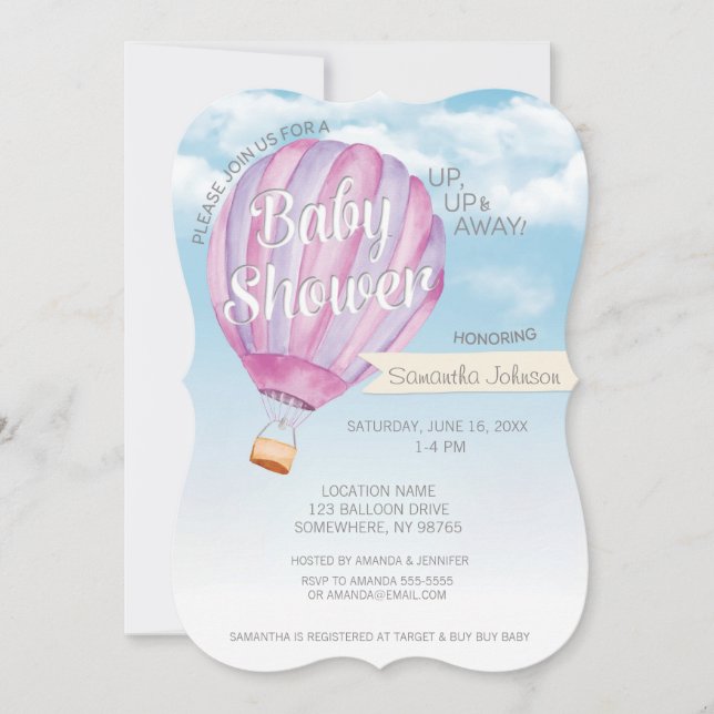 Invitación Baby Shower de globo de aire caliente - Chica rosa (Anverso)