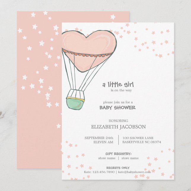 Invitación Baby Shower de globo de aire caliente cúbito rosa (Anverso / Reverso)