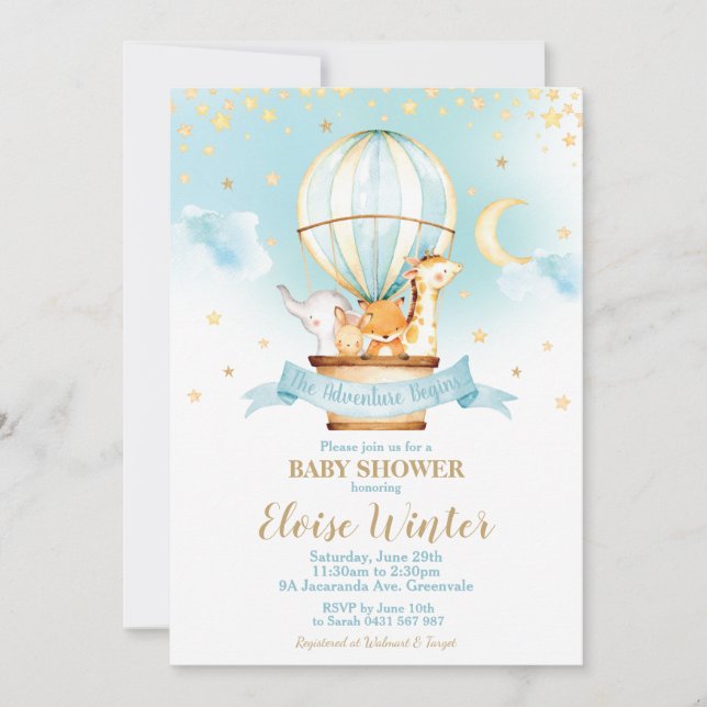 Invitación Baby Shower de globo de aire caliente de animales  (Anverso)