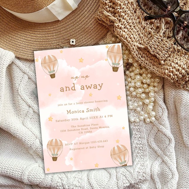 Invitación Baby Shower de globo de aire caliente de nube eleg (Pink Elegant Cloud Hot Air Balloon Baby Shower Invitation)