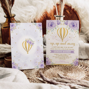 Invitación Baby Shower de globo de aire caliente morado y lej