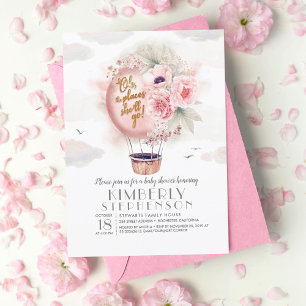 Invitación Baby Shower de globo de aire caliente rosa y dorad