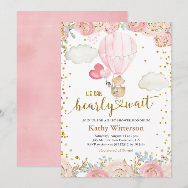 Invitación Baby Shower de globo de aire caliente rosa y oso (Anverso / Reverso)