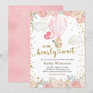 Invitación Baby Shower de globo de aire caliente rosa y oso  