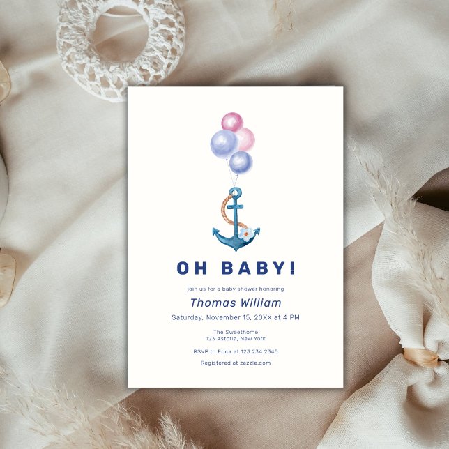 Invitación Baby Shower de globo de ancla náutica moderna (Modern Nautical Anchor Balloon Baby Shower Invitation)