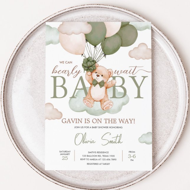 Invitación Baby Shower de globo de bebé verde (Green Bearly Wait Baby Bear Balloon Baby Shower Invitation
)