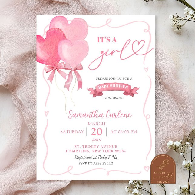 Invitación Baby Shower de globo de corazón rosado (Subido por el creador)