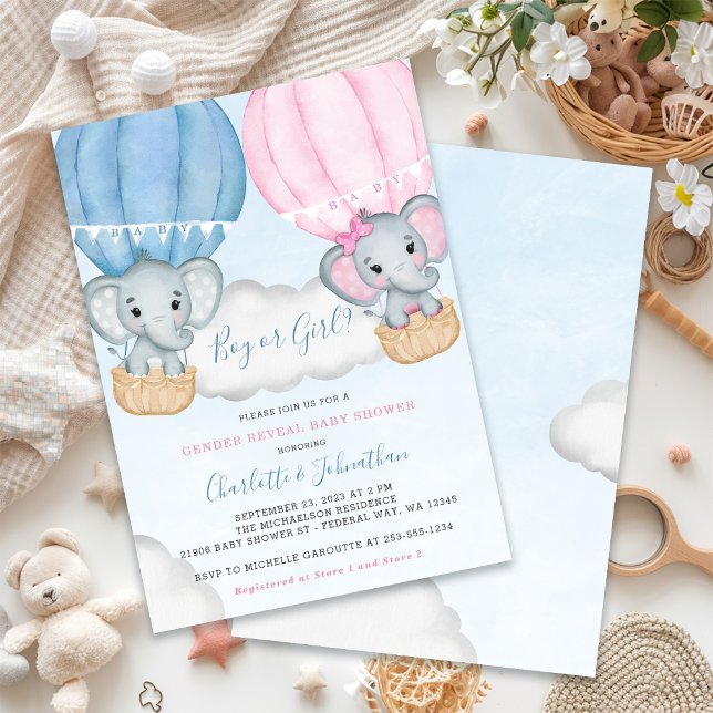 Invitación Baby Shower de globo de elefante revelado por géne (Gender Reveal Elephant Balloon Baby Shower Invitation)