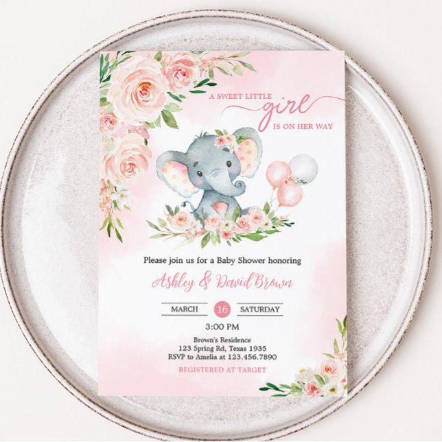 Invitación Baby Shower de globo de elefante rosa floral (Floral Balloon Elephant Baby Shower Invitation)
