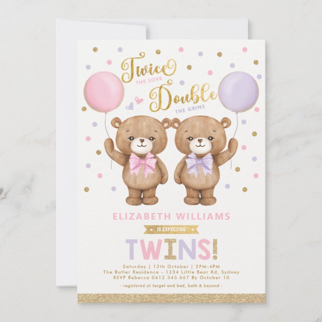 Invitación Baby Shower de globo de gemelos rosado morado Tedd (Anverso)