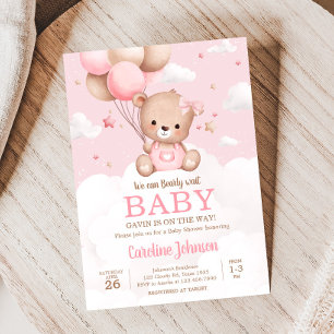 Invitación Baby Shower de globo de nubes de oso rosa Teddy