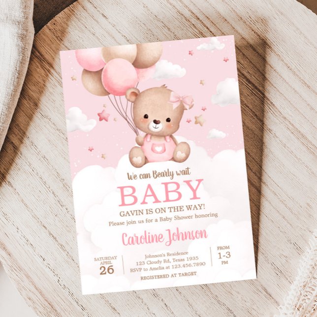 Invitación Baby Shower de globo de nubes de oso rosa Teddy (Pink Girl Teddy Bear Clouds Balloon Baby Shower Invitation)