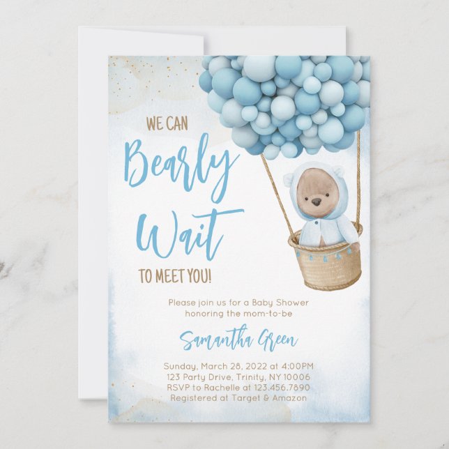 Invitación Baby Shower de globo de oso azul (Anverso)