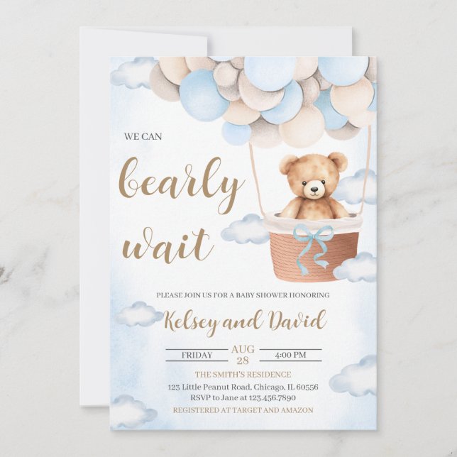 Invitación Baby Shower de globo de oso azul (Anverso)
