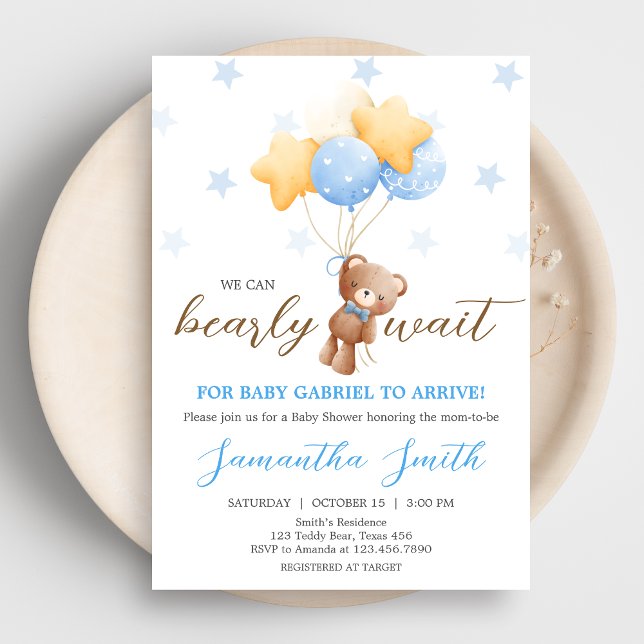Invitación Baby Shower de globo de oso azul (Boy We Can Bearly Wait Balloon Baby Shower Invitation)