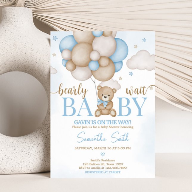 Invitación Baby Shower de globo de oso azul (Teddy Bear Balloon Baby Shower Invitation)